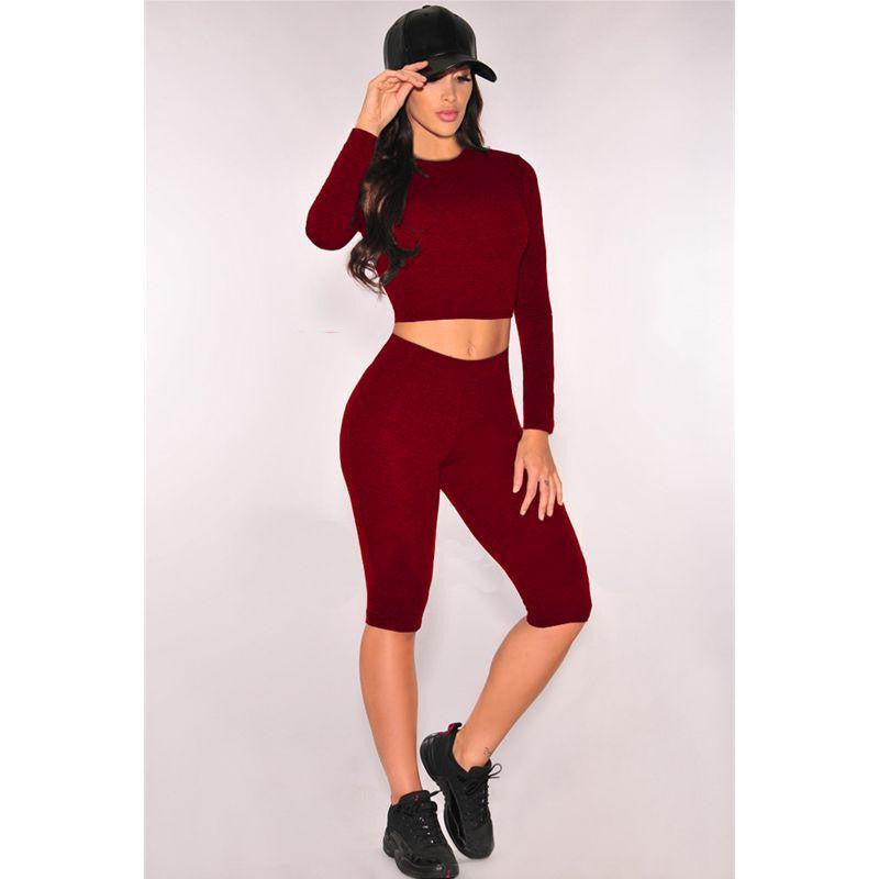 Women Two Piece Outfits Pants Set Romper Fitness Jumpsuit Long Sleeve O-Neck Crop Top Bodycon Sportswear Palysuit S-XL