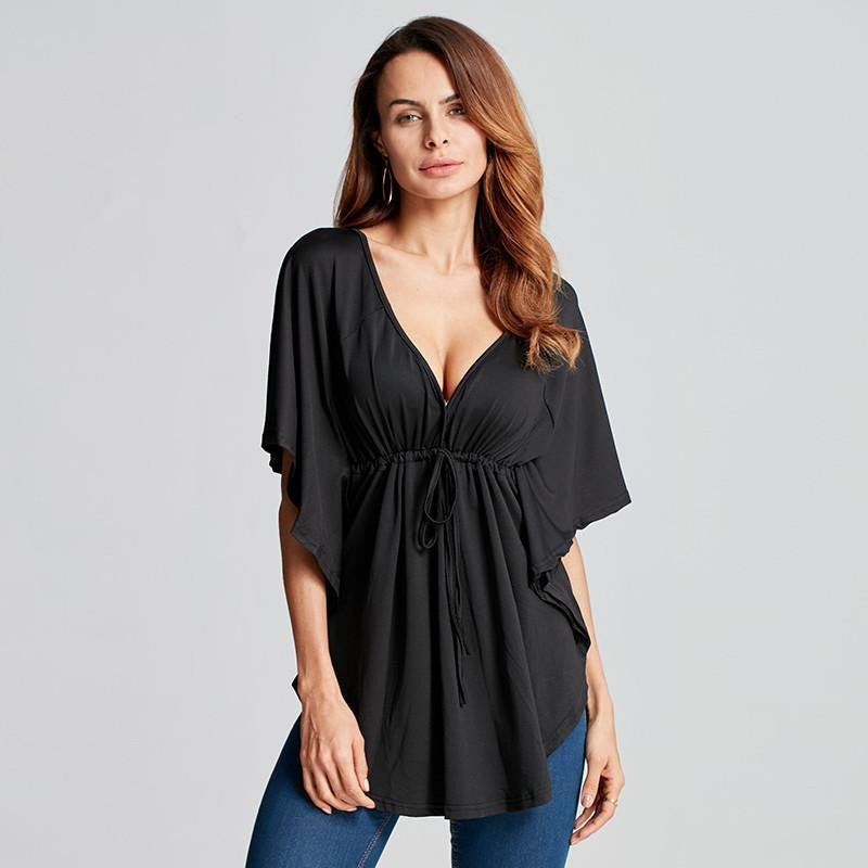 Women Trend Casual Loose V Neck Batwing Sleeve Tops Tee Ladies Black Blouses Shirts Plus Size