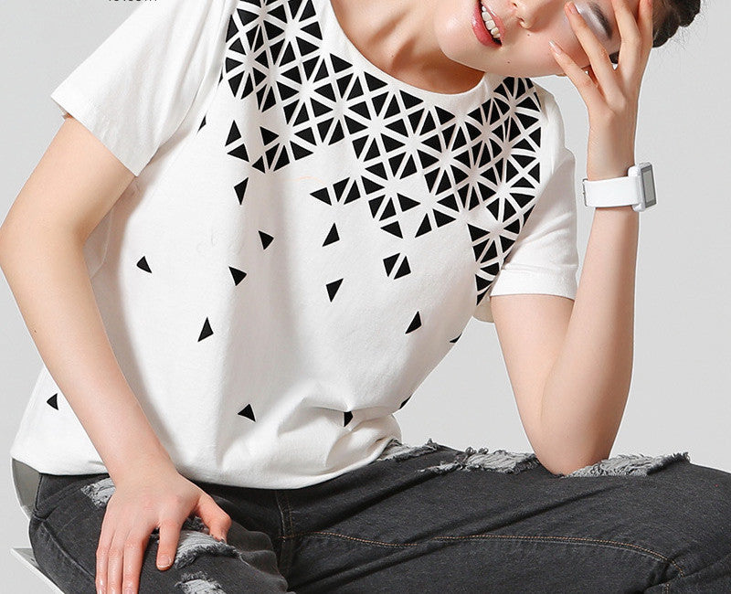 Online discount shop Australia - New Arrival O-Neck Print Loose Short Geometric Appliques Cotton Women T-Shirts