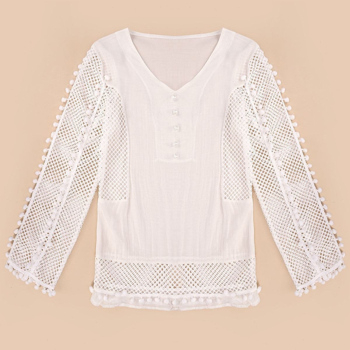 Lace Chiffon Blouse Women V-neck 3/4 Sleeve Hollow Out White Shirts Casual Loose Tops Plus Size S-3XL