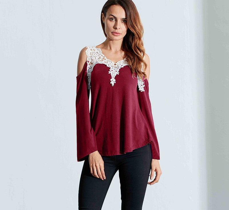 Online discount shop Australia - Lace Patchwork Blouse Women Casual Cotton Sexy Off Shoulder V Neck Shirt Ladies Long Sleeve Plus Size Tee Top