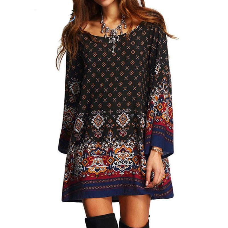 Women Printed Dress Multicolor Scoop Neck Casual Party Long Sleeve Vintage Dress Tribal Print Vintage Straight Short Dresses