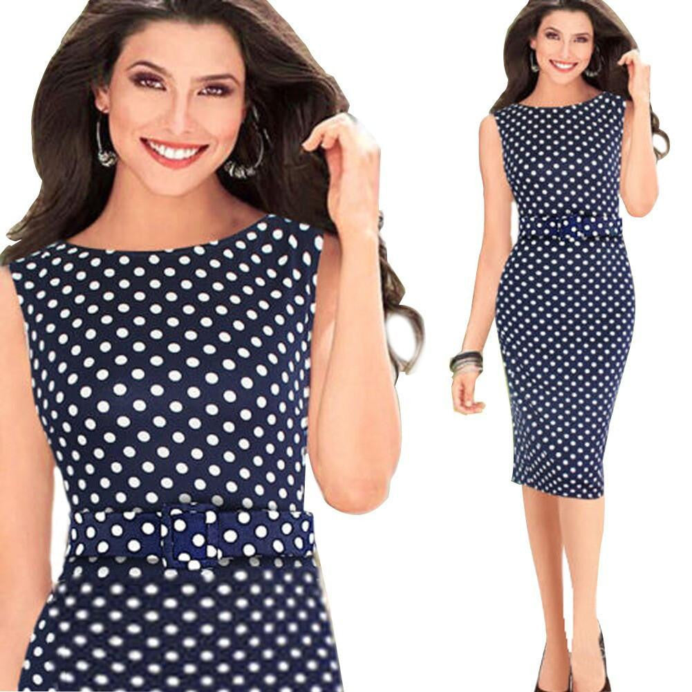 Vintage Sheath Dot Sleeveless Puff Natural Wear to Work Knee-length Party Pencil Dress