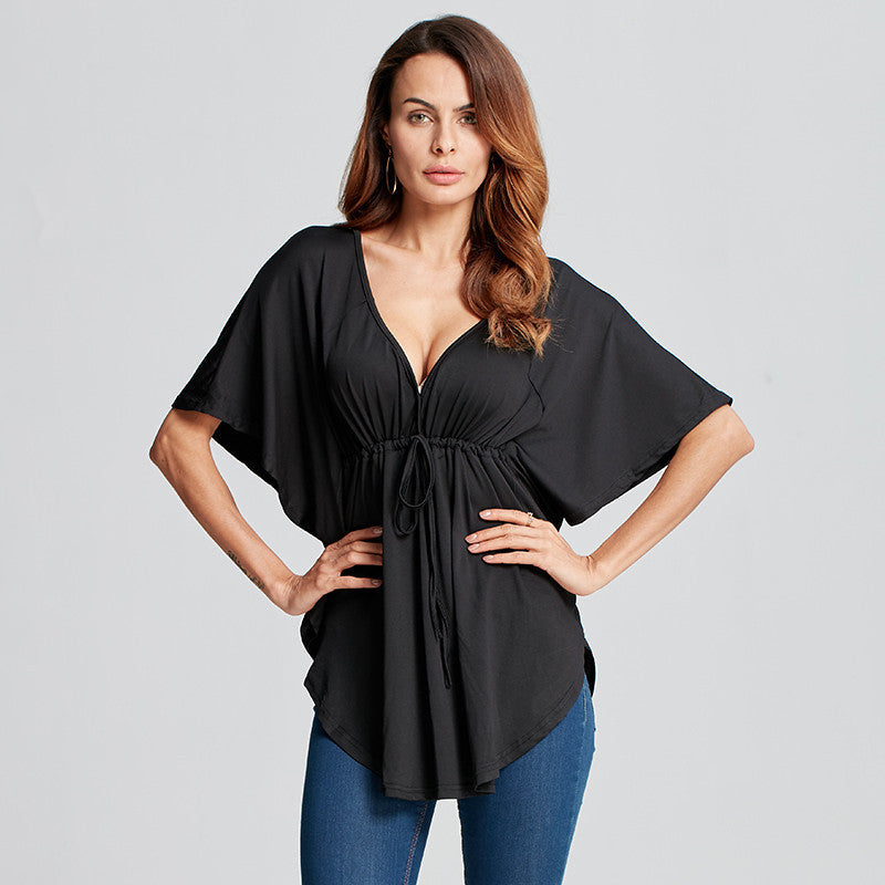 Women Blouses Casual Loose Blouse V-Neck Batwing Sleeve Tee Tops Solid Black Shirts Plus Size XS-5XL