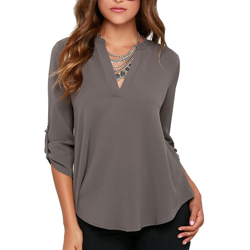 Plus Size Women Clothing Women Solid V-neck Fashion Chiffon Cuffed Long Sleeve Casual Blouse Shirt