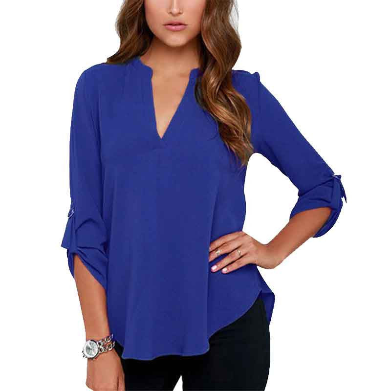 Plus Size Women Clothing Women Solid V-neck Fashion Chiffon Cuffed Long Sleeve Casual Blouse Shirt