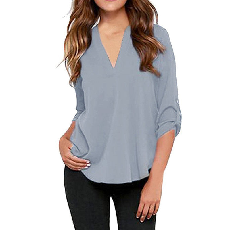 Plus Size Women Clothing Women Solid V-neck Fashion Chiffon Cuffed Long Sleeve Casual Blouse Shirt