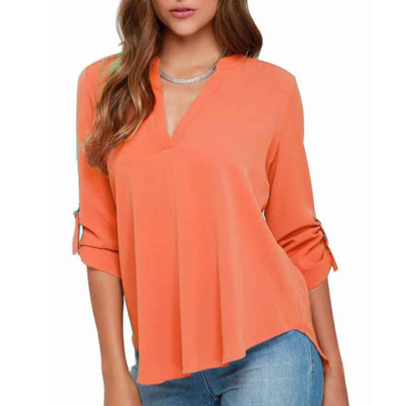 Plus Size Women Clothing Women Solid V-neck Fashion Chiffon Cuffed Long Sleeve Casual Blouse Shirt