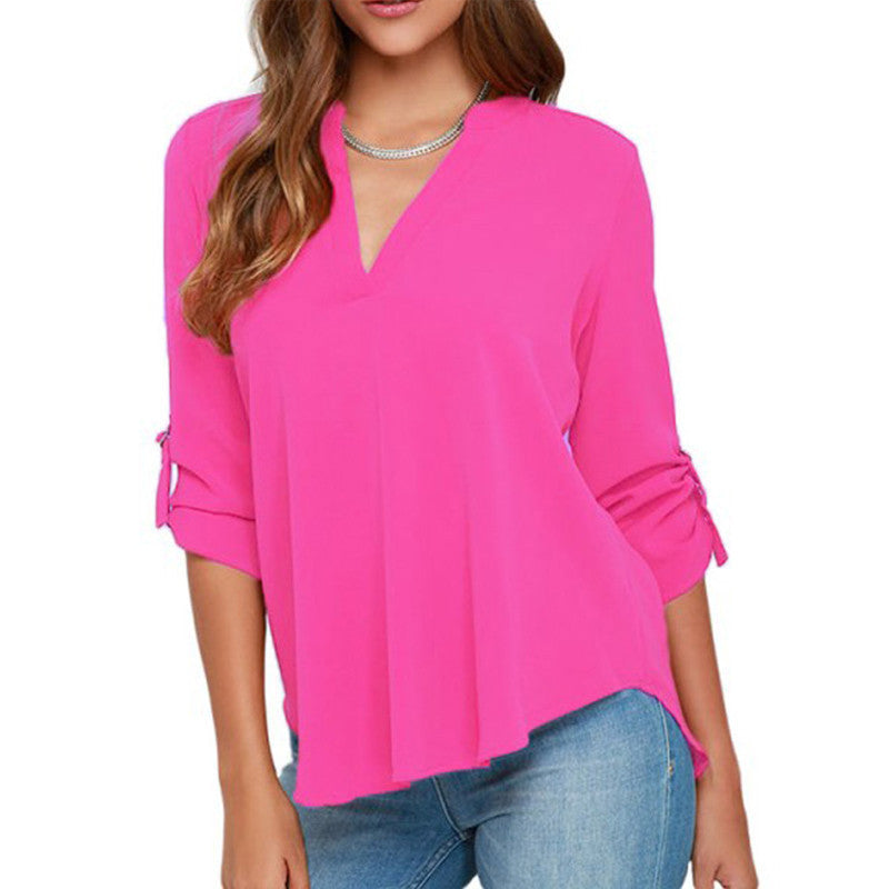 Plus Size Women Clothing Women Solid V-neck Fashion Chiffon Cuffed Long Sleeve Casual Blouse Shirt