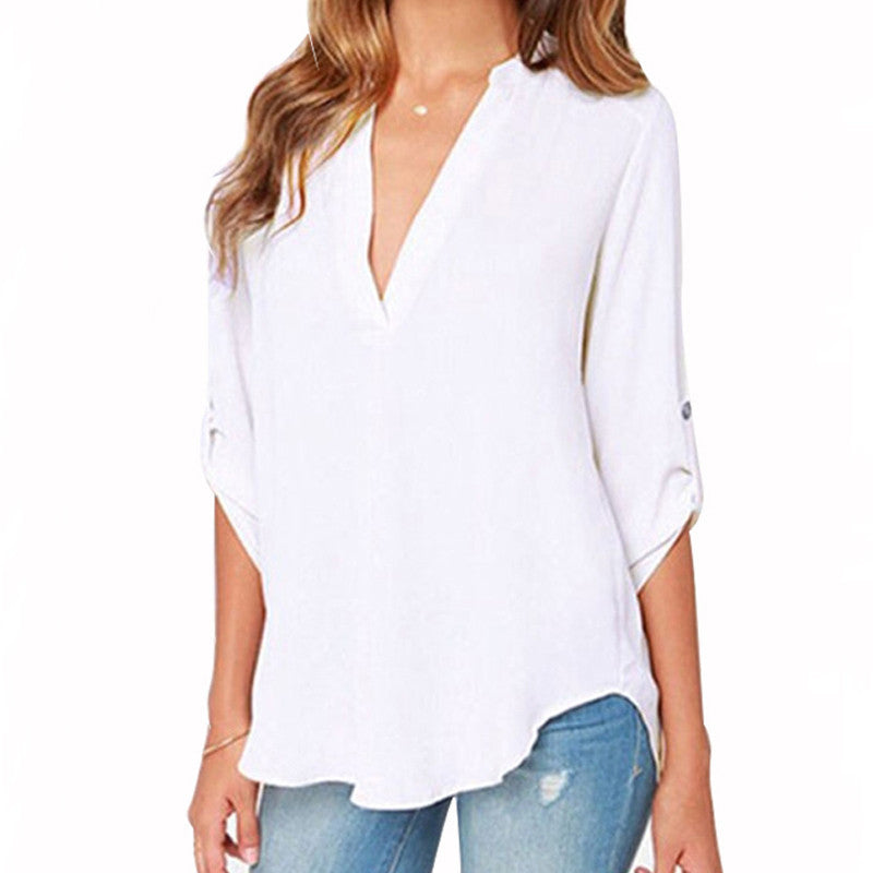 Plus Size Women Clothing Women Solid V-neck Fashion Chiffon Cuffed Long Sleeve Casual Blouse Shirt