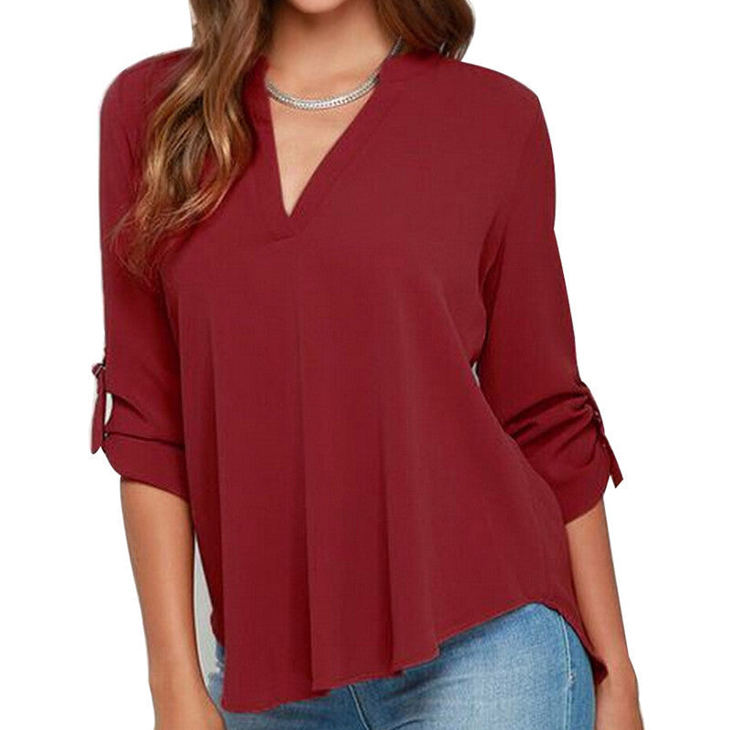 Plus Size Women Clothing Women Solid V-neck Fashion Chiffon Cuffed Long Sleeve Casual Blouse Shirt