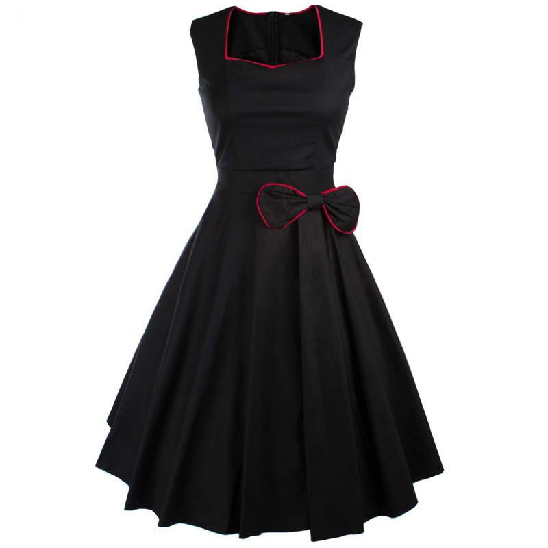 Viifaa Women Bow Vintage Dress Summer Evening Retro Party Elegant Cotton Black Rockabilly 1950s Swing Dresses