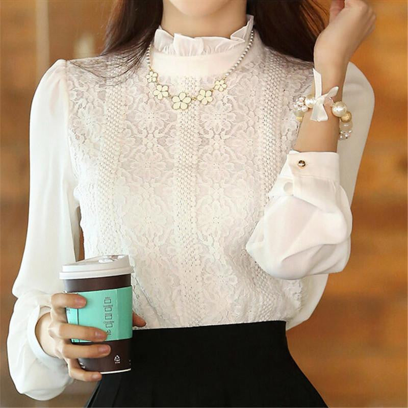 Women blouses Style clothing Fashion Elegant White Shirts Crochet Lace Long Sleeve Chiffon Blouses