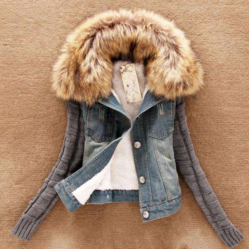 Women's Jacket Fashion Denim Jacket Movable Furs Collar Wool Coat Bomber Jacket Jean Women Basic Coats