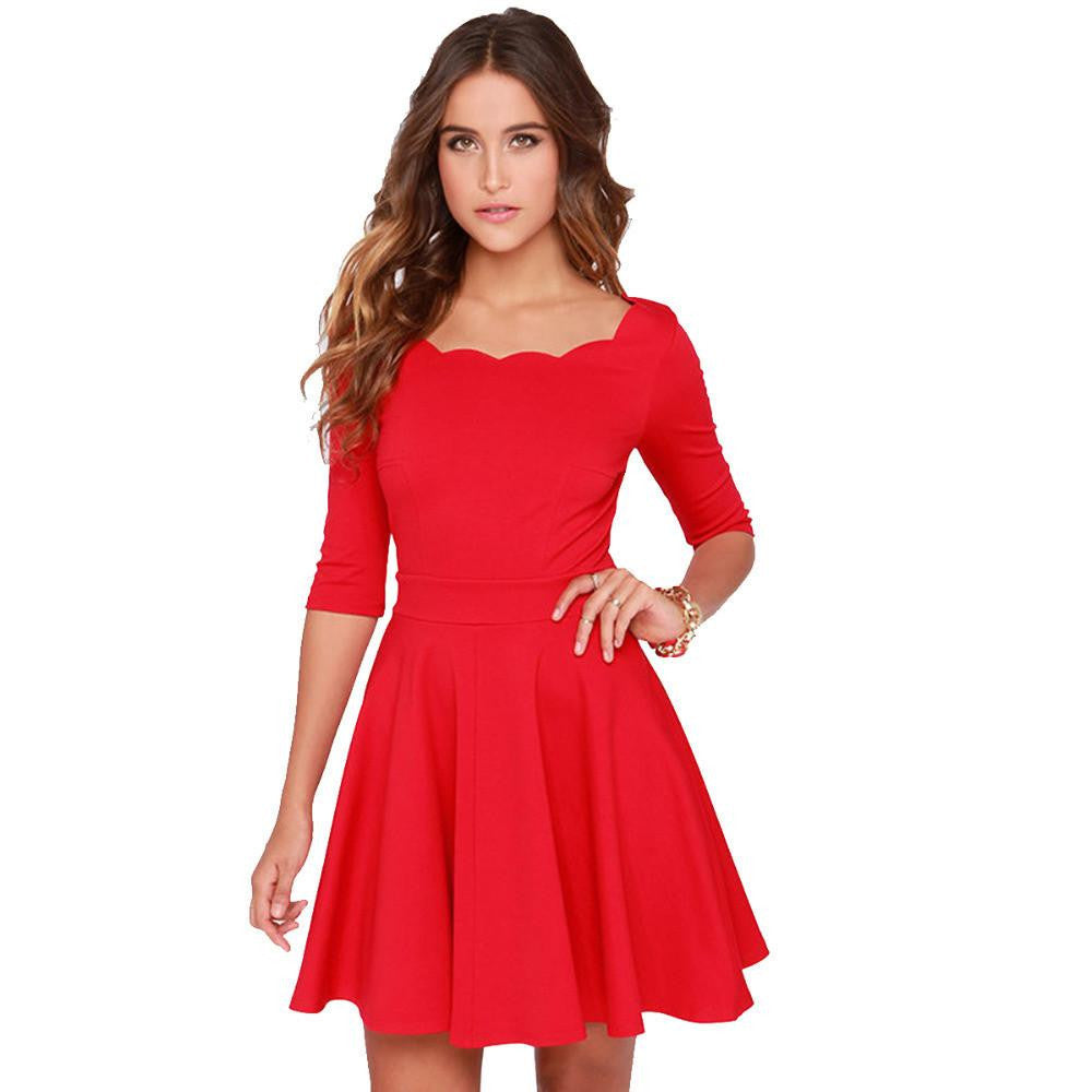Tengo Women Slim Flared Tunic Corrugated Neckline Red Dress Women Brand Casual Summer Party Dresses for women Year