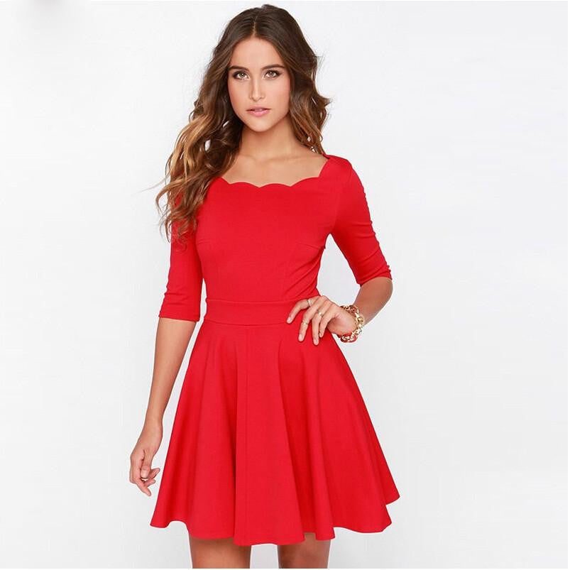 Tengo Women Slim Flared Tunic Corrugated Neckline Red Dress Women Brand Casual Summer Party Dresses for women Year