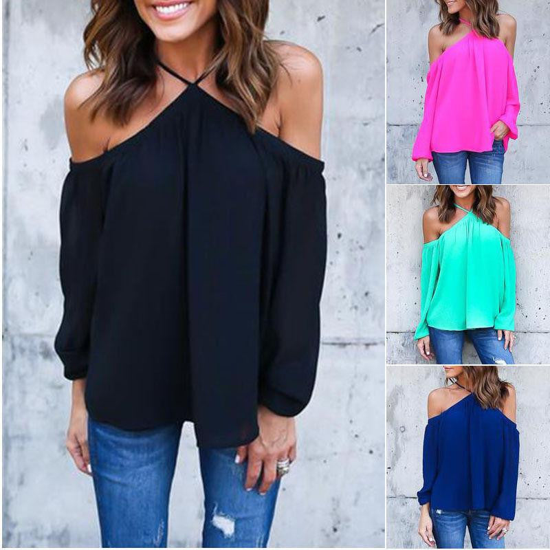 Women Chiffon Halter Blouse Black White Casual Long Sleeve Off Shoulder Loose Club Party Tops Shirts Plus Size