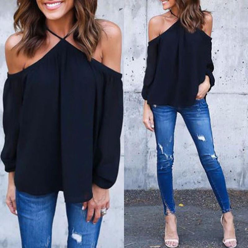 Women Chiffon Halter Blouse Black White Casual Long Sleeve Off Shoulder Loose Club Party Tops Shirts Plus Size