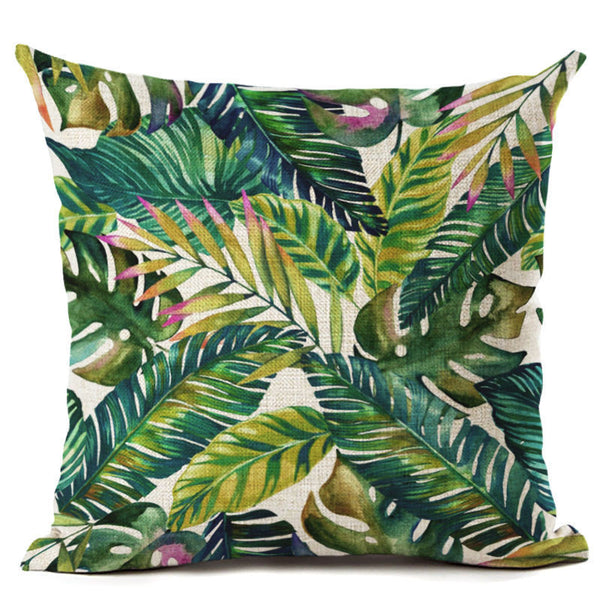 Green Tropical Plant Leave Birds Pillow Cover Colorful Flower Cushion