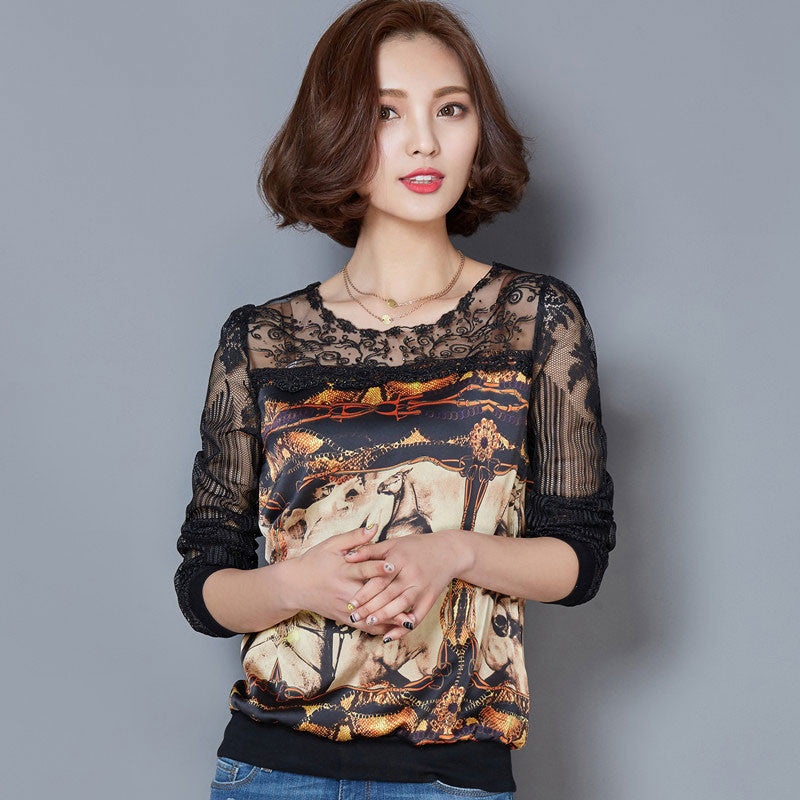 Online discount shop Australia - Casual Women Shirts Blouses Female Blouse Shirt Hollow Out Print Lace Long Sleeve