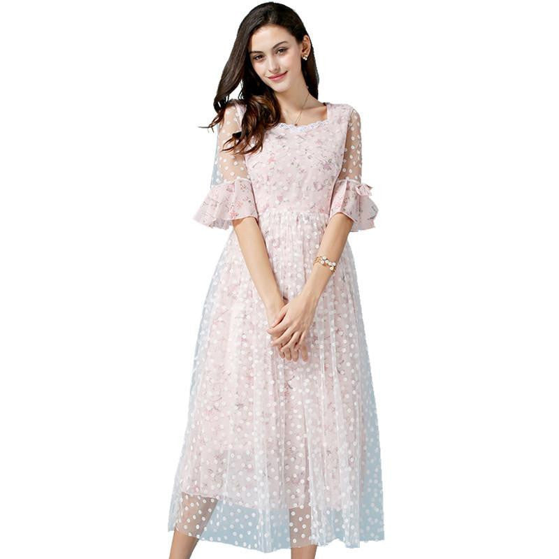 Women Lace Dresses Girls Cute Lolita Pink Floral Prints Chiffon Embroidery Flare Sleeve Long Dresses Plus size