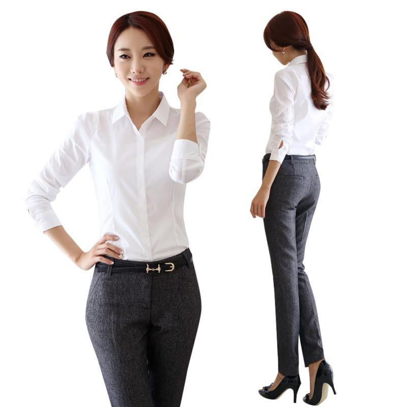 Women Korean Fashion Off White Shirt Work Wear Long Sleeve Tops Slim W