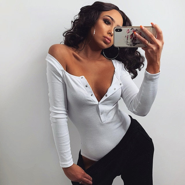 Ribbed Knitted Buttons Bodysuits Women Jumpsuits Long Sleeve Bodycon Solid Rompers