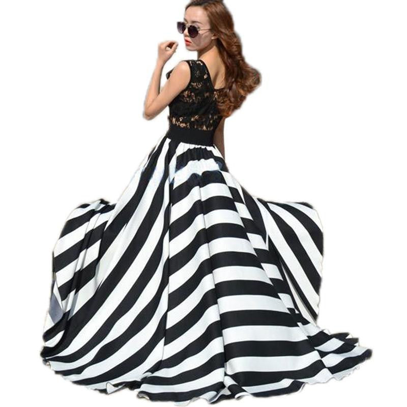 Vestidos Women Summer Hollow Out Lace Patchwork Stripe Sleeveless O-neck Boho Beach Long Maxi Party Dresses Plus Size