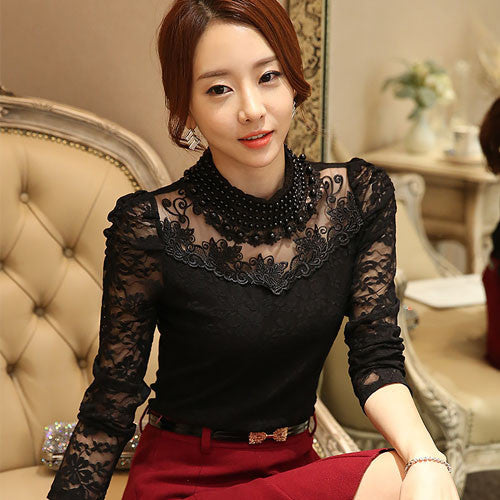 long sleeve blouse shirts women fashion beaded Plus size Lace Tops Women clothing