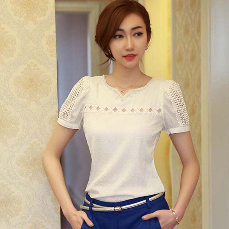 Women's Lace V Neck Chiffon Blouses Short Sleeve Shirt Casual Slim Brand Tops Plus Size