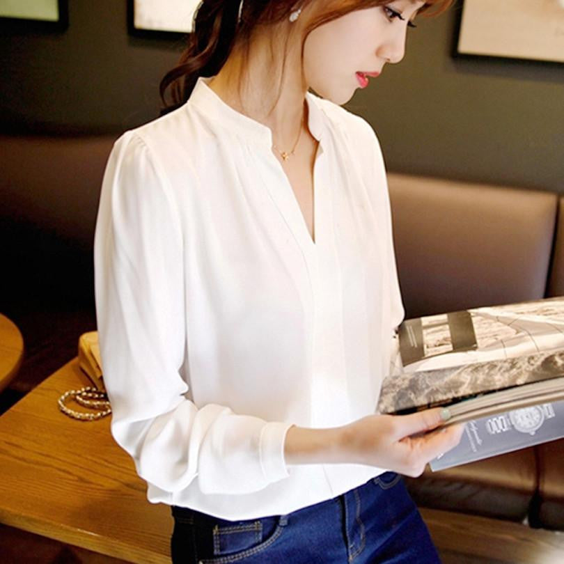 Women Chiffon Shirt Blouse Ladies White Pink Elegant V-neck Long Sleeve Shirts Female Office Shirt Plus Size