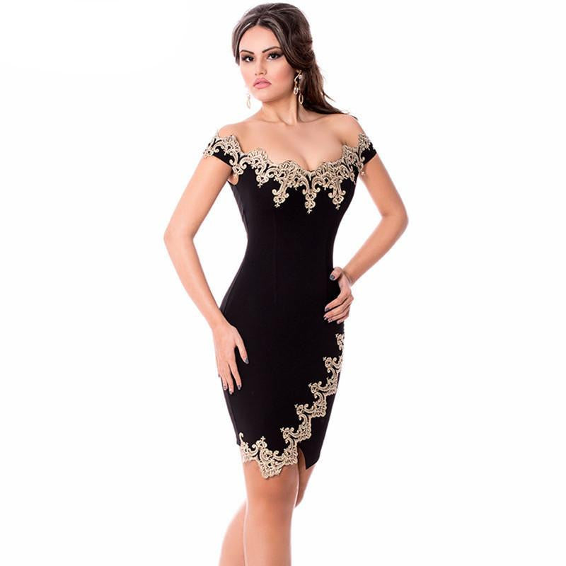 Womens Elegant Off Shoulder Mini Dress Black Lace Applique Bodycon Pencil Dresses Slim LC22715 Vestidos