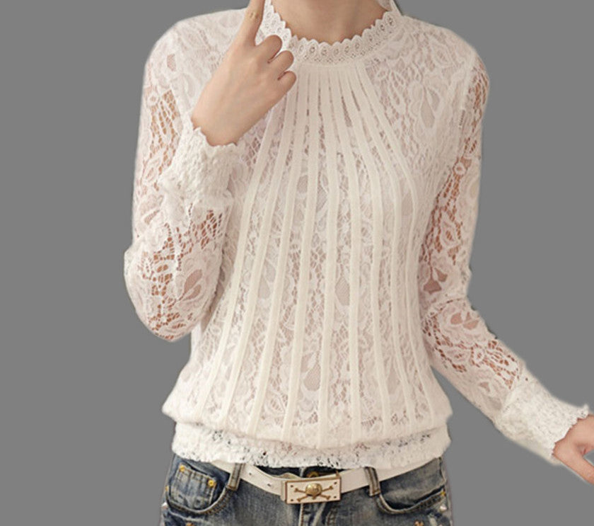 Lace Chiffon Women Blouse Shirt Long Sleeve Pullover Hallow out Stand Tops for Women