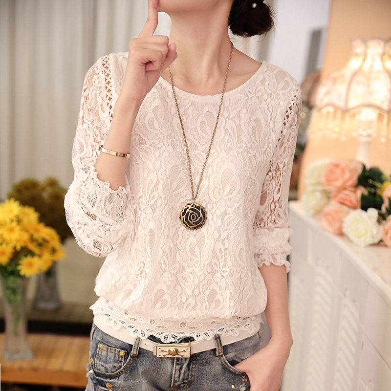 Lace Chiffon Women Blouse Shirt Long Sleeve Pullover Hallow out Stand Tops for Women