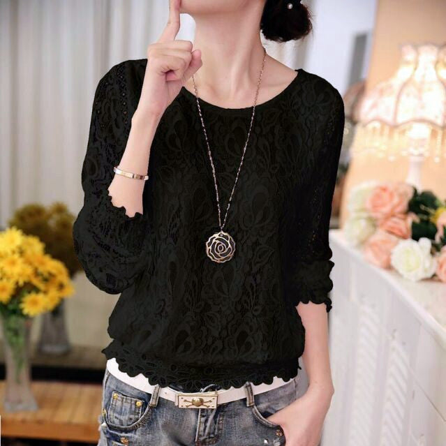 Lace Chiffon Women Blouse Shirt Long Sleeve Pullover Hallow out Stand Tops for Women