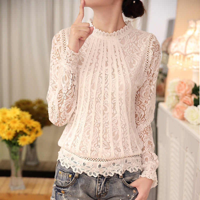 Lace Chiffon Women Blouse Shirt Long Sleeve Pullover Hallow out Stand Tops for Women