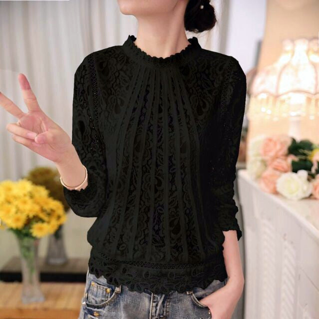 Lace Chiffon Women Blouse Shirt Long Sleeve Pullover Hallow out Stand Tops for Women