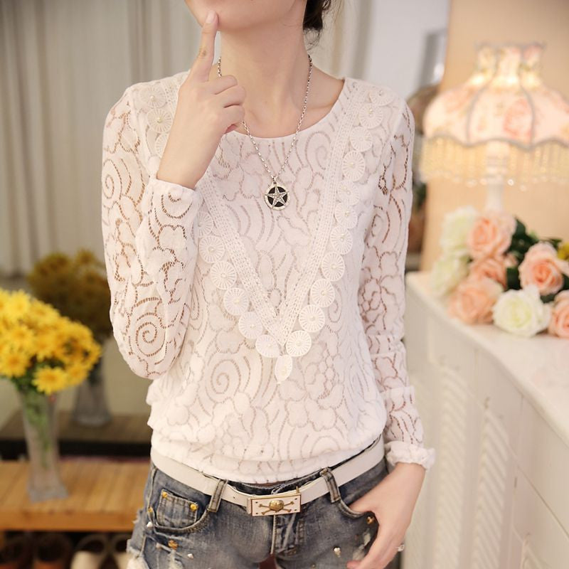 Lace Chiffon Women Blouse Shirt Long Sleeve Pullover Hallow out Stand Tops for Women