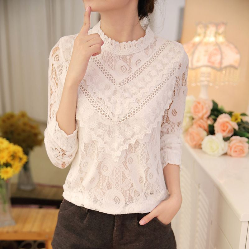 Lace Chiffon Women Blouse Shirt Long Sleeve Pullover Hallow out Stand Tops for Women