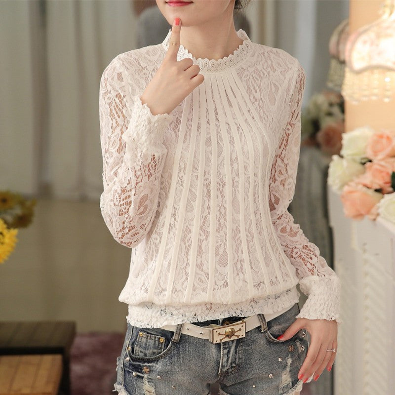 Lace Chiffon Women Blouse Shirt Long Sleeve Pullover Hallow out Stand Tops for Women