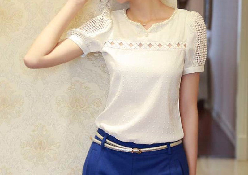 Online discount shop Australia - Lady Women Lace Short Sleeve Shirt V Neck Doll Chiffon Tops white