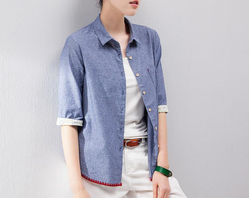 Online discount shop Australia - Women Shirts Half Sleeve BF Denim Casual Shirts Female Patchwork Casual Loose Solid Blouses