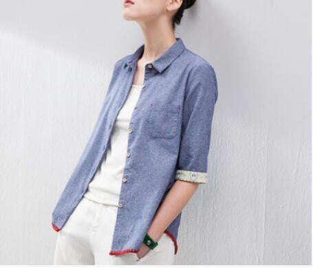 Online discount shop Australia - Women Shirts Half Sleeve BF Denim Casual Shirts Female Patchwork Casual Loose Solid Blouses