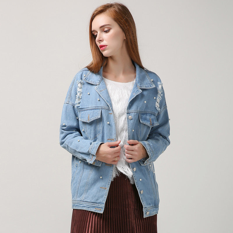 Online discount shop Australia - korean denim jacket women basic coats pearl bead ripped hole long sleeves streetwear new clothing