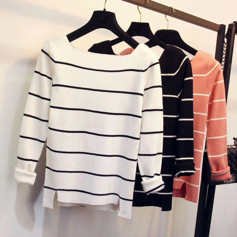Online discount shop Australia - Long Sleeve Sweater women black white Slash Neck Sweaters All-match Slim Striped Knitting Women Sweater Pullover M01