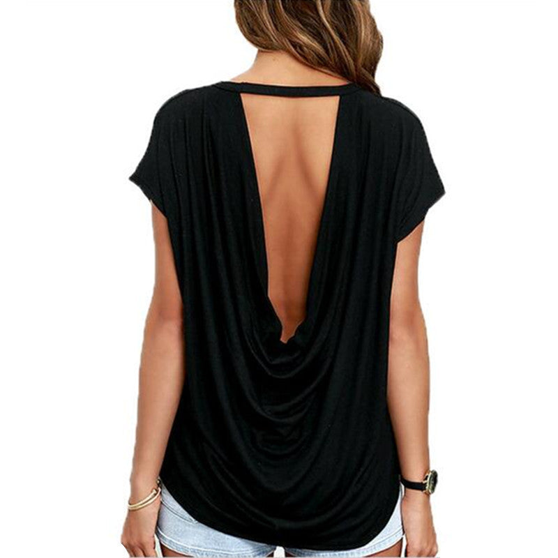 Open Back Casual short Sleeve T Shirt Style Women Clothing Casual Backless O-neck Tops Tees