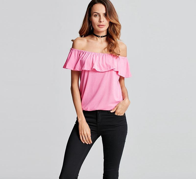 Women Off Shoulder Tee Tops Casual Solid Blouses Ladies Strapless Flouncing Short Sleeve Plus Size Shirt