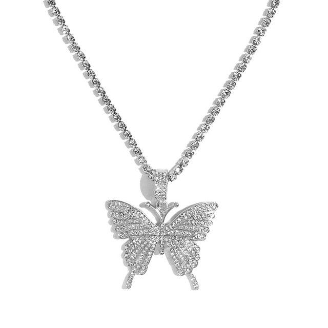 Statement Big Butterfly Pendant Necklace Rhinestone Chain for Women Bling Tennis Chain Crystal Choker Necklace Party Jewelry