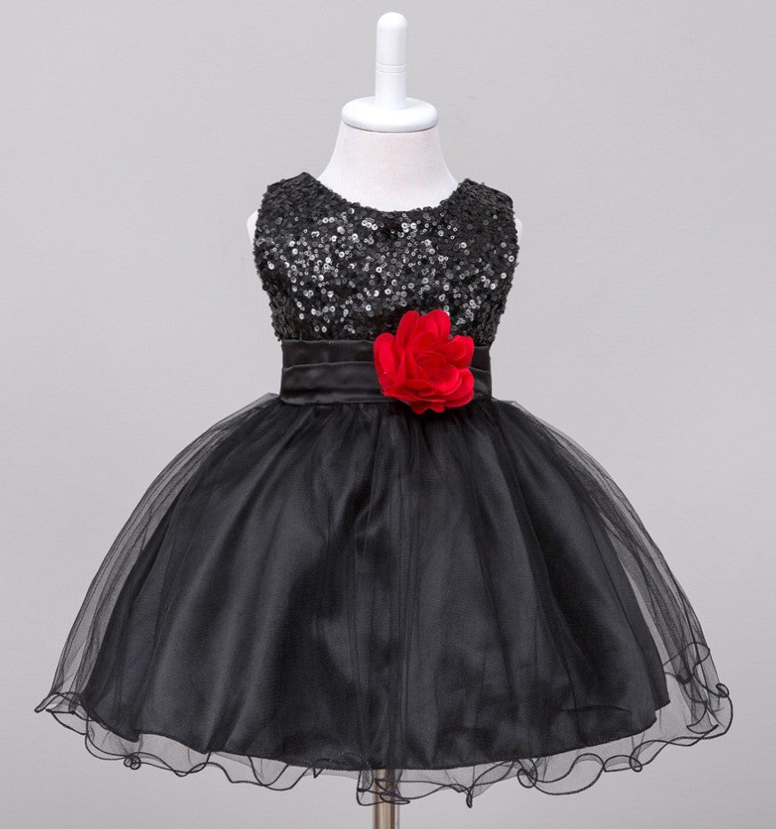 Princess Girl O-neck Sleeveless Sequined Floral Ball Gown Party Dresses One Piece Daily Dress