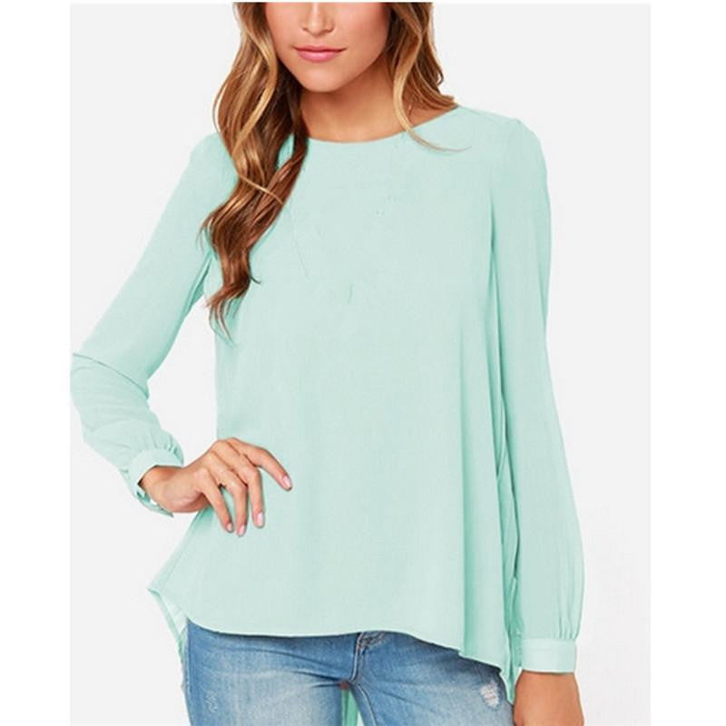 Women Blouses Ladies Shirts Casual Loose Chiffon Tops Long Sleeve O-Neck Solid Plus Size S-6XL